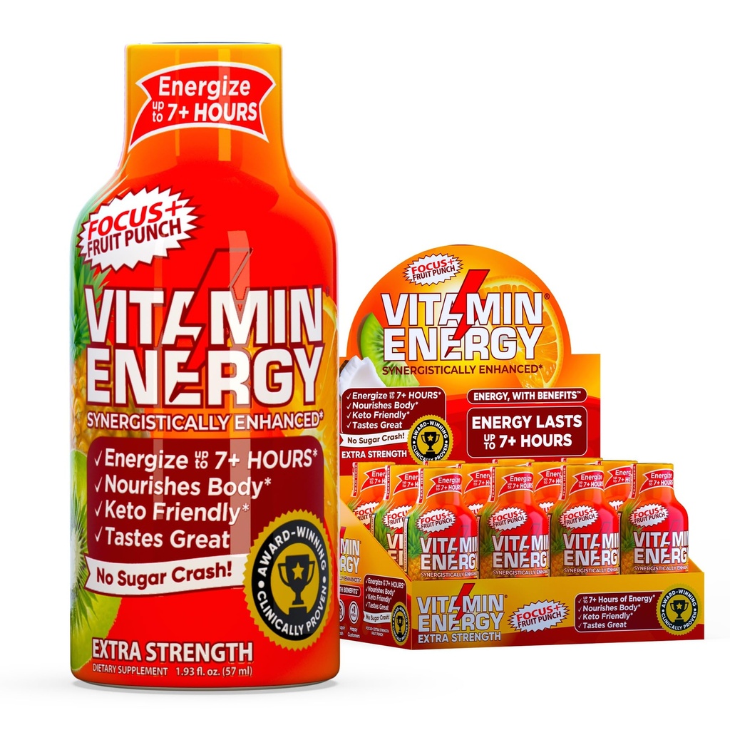 Vitamin Energy Focus + Extra Síla Energy Shot Fruit Punch 12 Pack, 260mg přírodní kofein, B-vitaminy, CoQ10, aminokyseliny, Focus, Productivity & Clarity, Nulový cukr, gluten- Free, 1.93 fl oz
