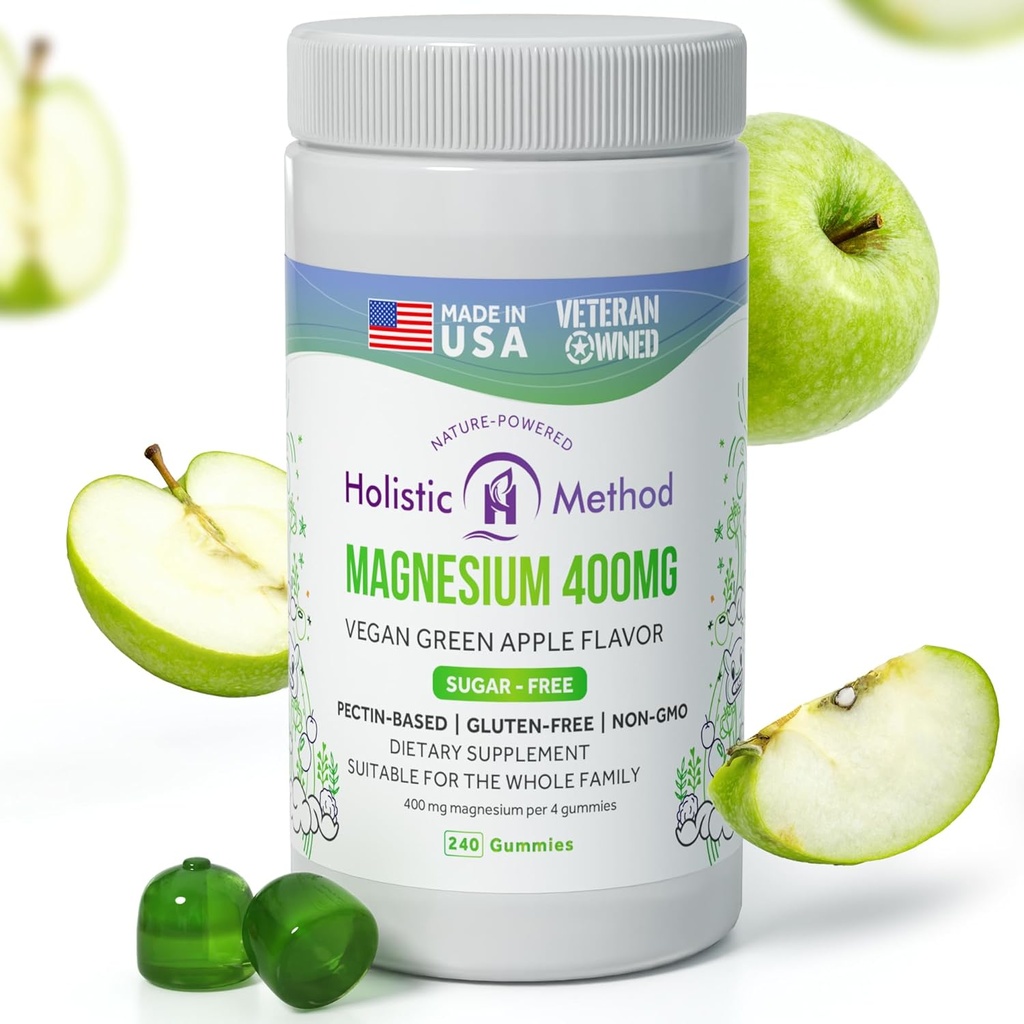 Magnesium Citrate Gummies - Sugar- Free, Vegan a Non- GMO pro lepší spánek a relaxaci - Bez alkoholu - Hořčík dodatek pro dospělé, dospívající a děti - Zelené jablko - 240 Žvýkačky