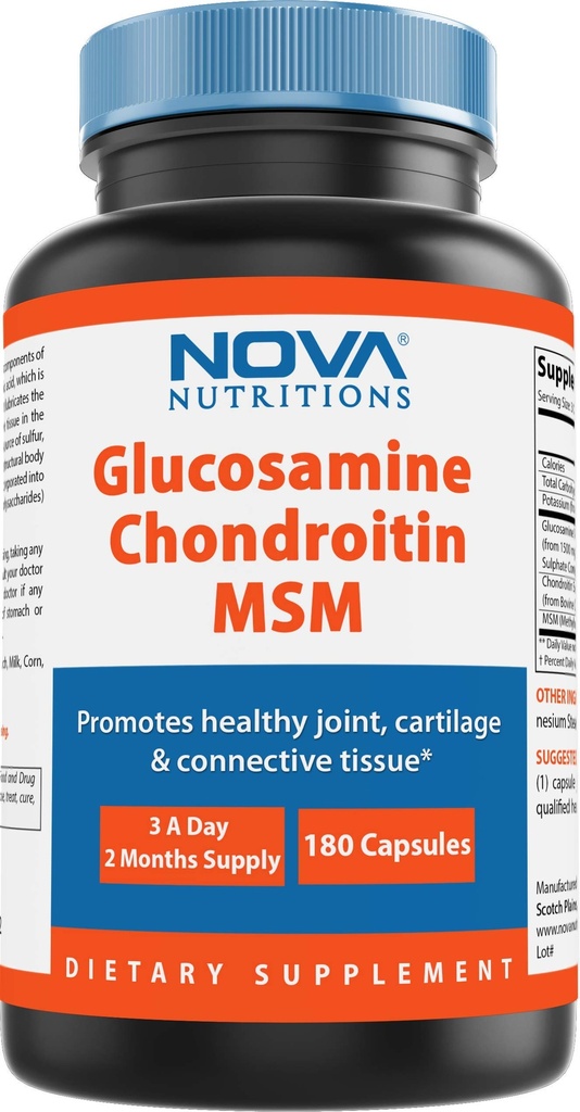 Nova Nutritions Triple Strength Glucosamine Chondroitin MSM 2600mg / Serving Kapsle, Podporuje zdravé klouby, chrupavky a propojovací tkáně - Promotes Joint Comfort & Flexibility 180 Počet