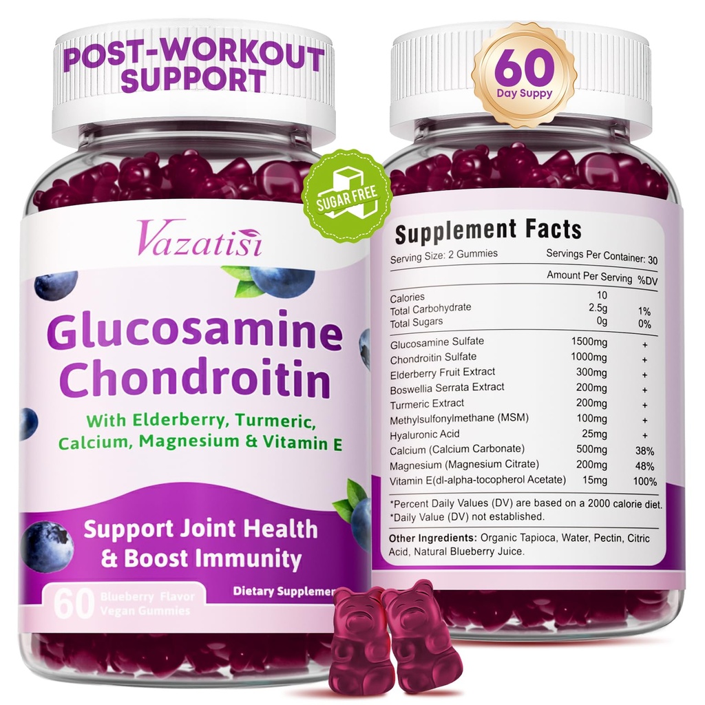 2 Pack Glucosamine Chondroitin Gummies - Glucosamine Chondroitin s MSM, Elderberry, Kurkuma, Společná podpora doplněk pro dospělé, muži a ženy - Blueberry Flavor, 120 Cts