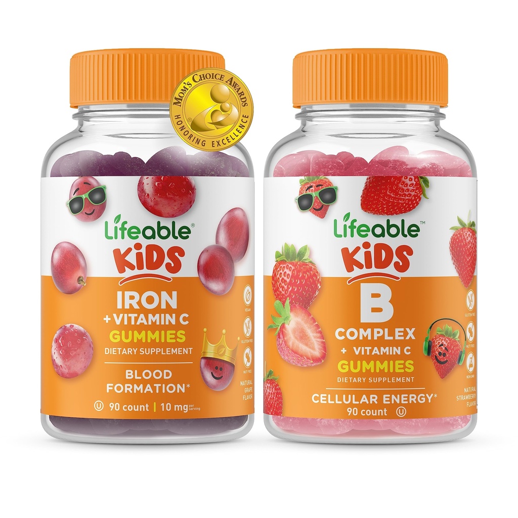 Živé železo a vitamín C Děti + B Komplexní děti, Gummies Bundle - Velký přípitek, doplněk vitamínu, gluten zdarma, GMO zdarma, Žvýkací žlab