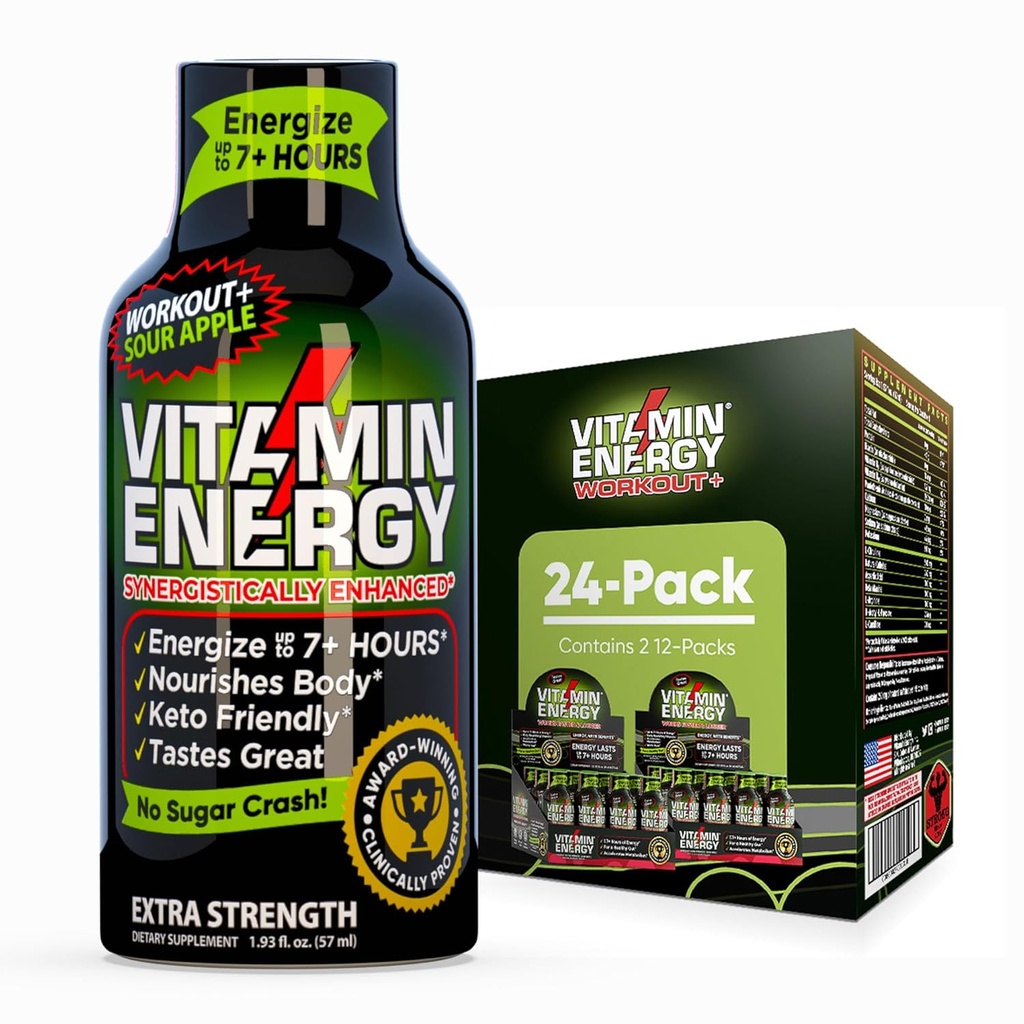 Vitamin Energy Workout + Extra síla Energy Shot Sour Apple 24 Pack, 260mg přírodní kofein, Pre- Workout, B-Vitamíny, Minerály, Vytrvalost & Výkon, Nulový cukr, gluten- Free, Vegan, 1.93 fl oz