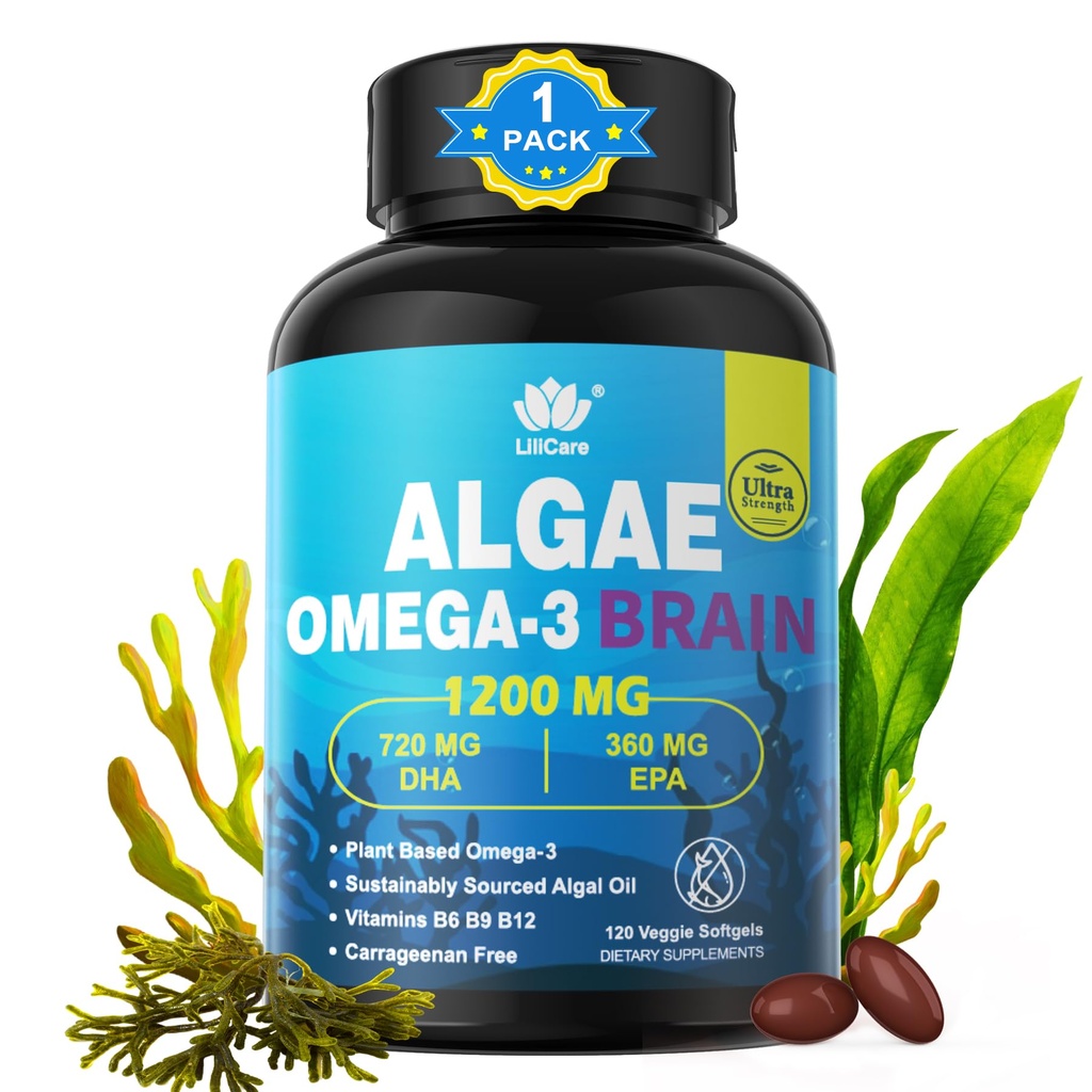 Omega 3 Fish Oil Softgels s DHA 720mg EPA 360mg, Vegan Algae Science 2: 1 Poměr pro oko mozku, Plant based Sustainable Sourced Omega 3 Dodatek, Fish Oil Alternative 1200mg, No Fish Taste, 120Cts