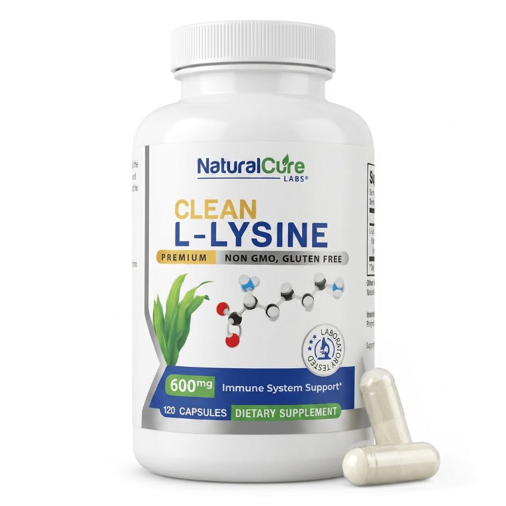 Natural Cure Labs Clean L- Lysin 600mg, 120 Kapsle CLAS124; Vegan, Non- GMO, & Gluten zdarma
