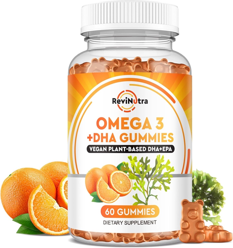 Omega 3 Gummies, Omega 3 Rybí olej doplňky Alternativní s EPA & DHA, CoQ10, Folát, Vitamin A, D3, E, Podporuje mozek, kloub, srdce, oko, a imunitní systém Function-Orange Flavor, 60 Gummies