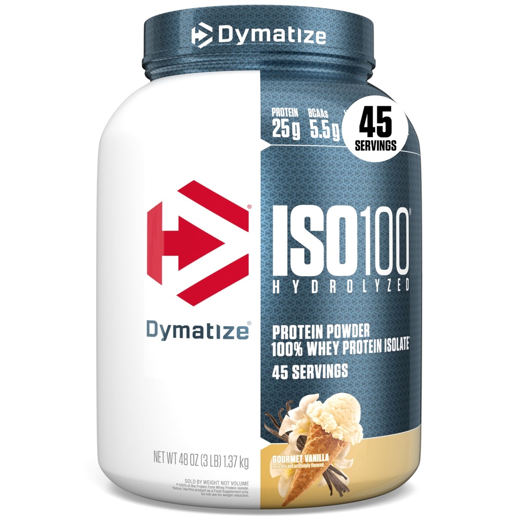 Dymatizovat isolát syrovátkového prášku ISO100, vanilka, 25g proteinu, 3 litry, 5,5g BCAA, méně než 120 Cal., bez gluten, 1g tuku, 1g cukru, 2g karbu (45 porcí)