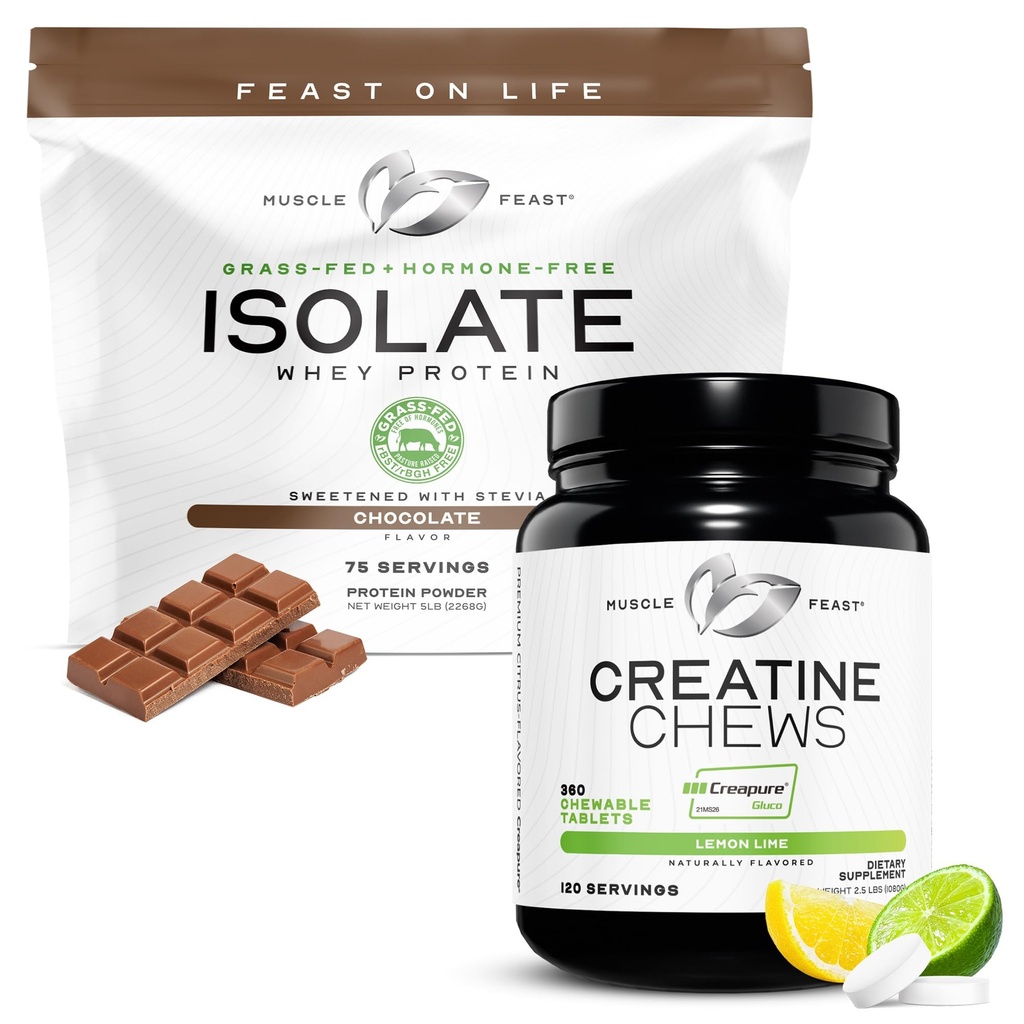 Muscle Feast Isolate + Creatine Candy Bundle: 1 Syrovátkový protein Isolát (čokoláda, 5lb) + 1 Creatine Candy (Lemon Lime, 360) Yellow 124; Premium doplňky, Vegetarian, gluten zdarma