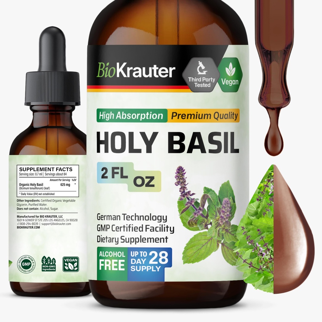 BIO KRAUTER Svatá bazalka Tinktura - Tulsi Powder Liquid Extract - Podporuje Calmness and Relaxation - Ursolic Acid Dodatek - Alkohol a cukr zdarma - Vegan Drops 2 Fl.Oz.