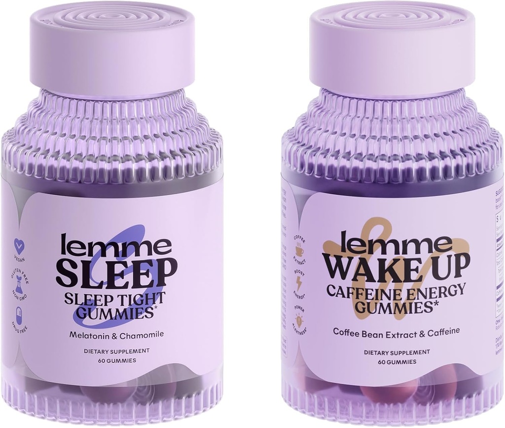 Lemme Sleep and Wake Up Bundle - Spánek Gummies pro lepší noční odpočinek & Wake Up Caffeine Gummies for Energy - Gluten- Free, Non- GMO, 60 Počet každý