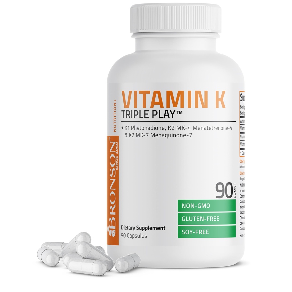 Bronson Vitamin K Triple Play (Vitamin K2 MK7 / Vitamin K2 MK4 / Vitamin K1) Komplexní spektrum vitamin K doplněk, 90 Kapsle