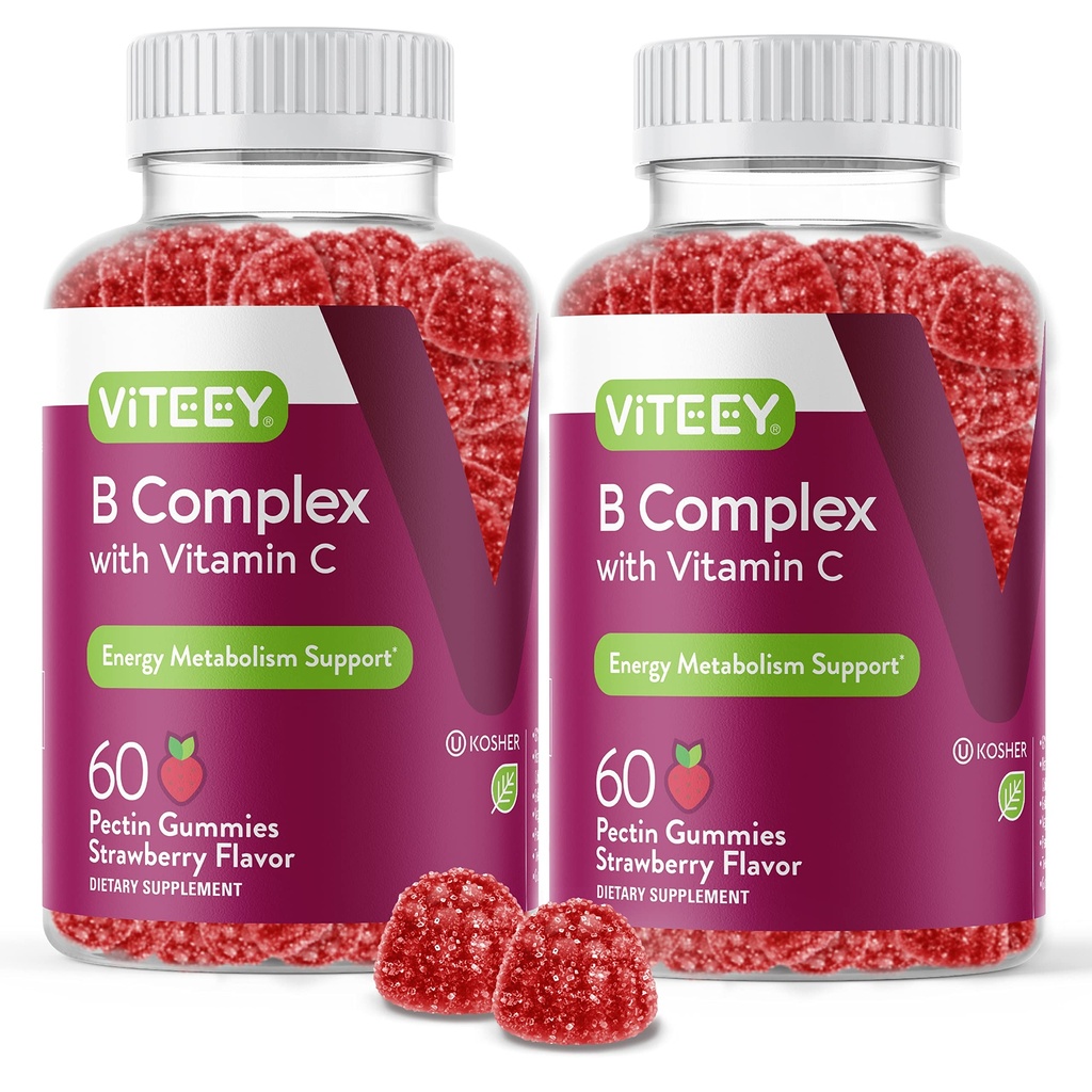 Viteey Vitamin B Complex Gummies with Vitamin C - Energy, Metabolismus & Imunitary Support - B6, B12, Niacin, kyselina listová, biotin, vápník - Vegan, gluten- Free - 120 Počet