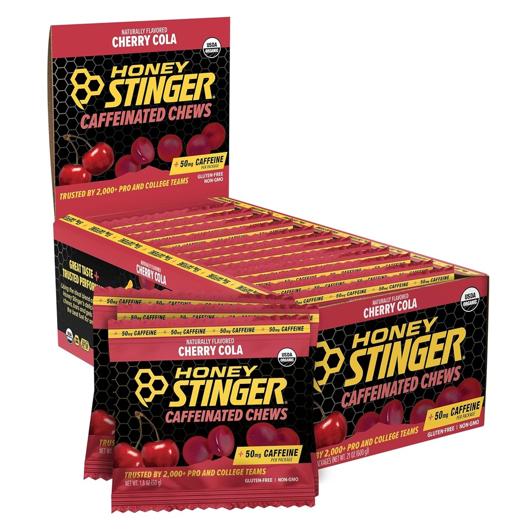 Honey Stinger Cherry Cola Caffeined Energy Chew, Gluten Free, s kofeinem, pro cvičení, běh a výkon, Sportovní výživa pro domácí & Gym, Pre a střední cvičení, 12 Pack, 23.2 Ounce