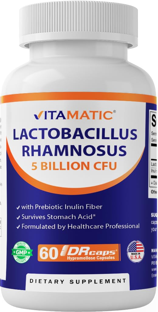 Vitamatic Lactobacillus Rhamnosus 5 miliard per DR kapsle (10 miliard per 2 kapsle) - 60 Počet - Pokročilá stravitelná a imunitní podpora - Vyrobeno s prebiotickým inulinovým fiberem