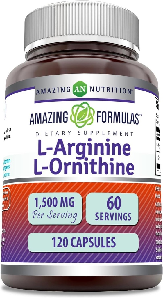 Amazing Applicas L- Arginin / L- Ornithin 1500 Mg Per Serving, Kapsle 124; Non- GMO CARL 124; Gluten Free Appendix 124; Amino Acid Supplement (120 Počet)
