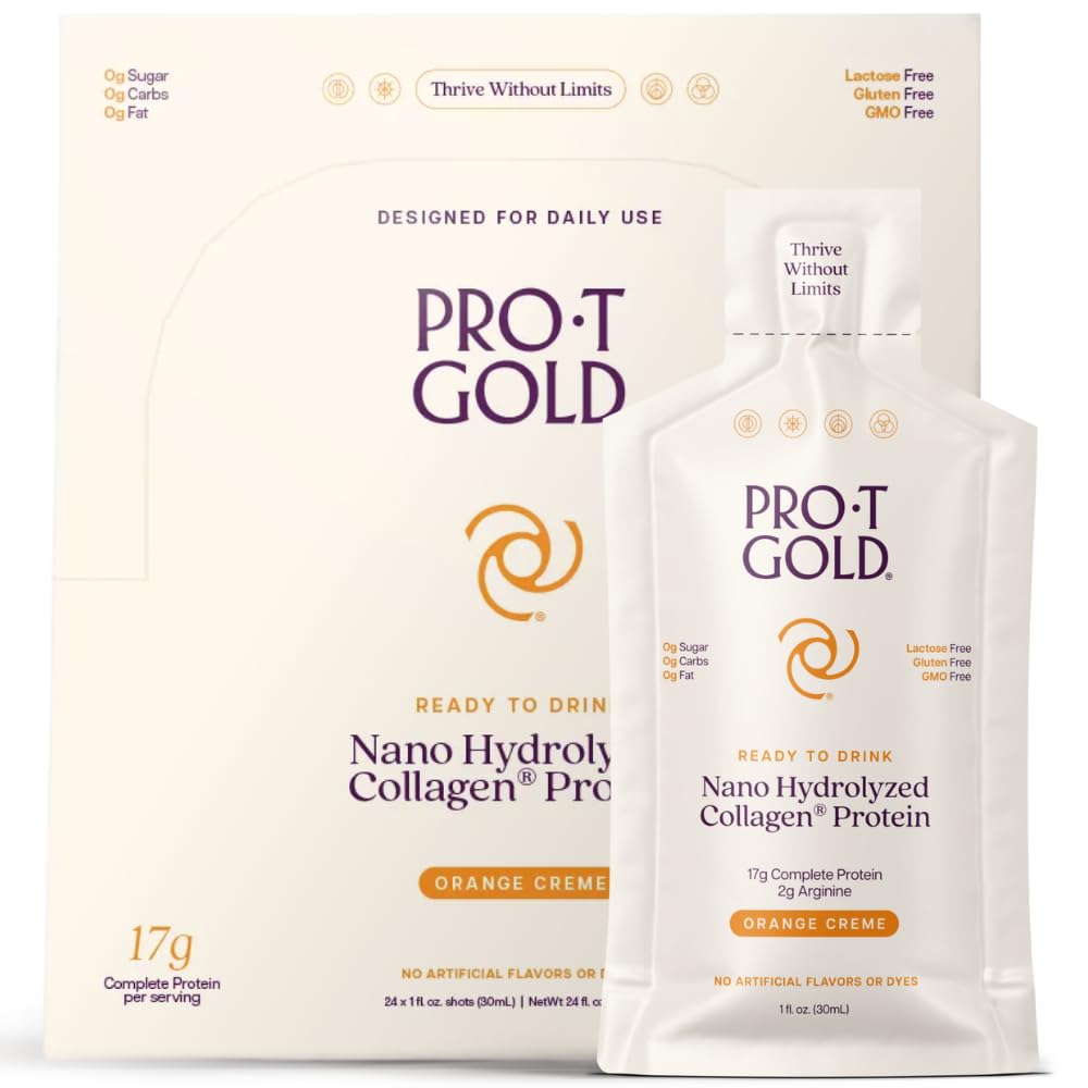 ProT Gold Liquid Collagen Protein Shot, 17g Clear Protein Nano- Hydrolyzované travní Fed kolagen, 2g Arginin pro podporu zranění, gluten Free, Cukr zdarma, 0g sacharidy, Orange Creme, 1 fl oz, 24 Pack