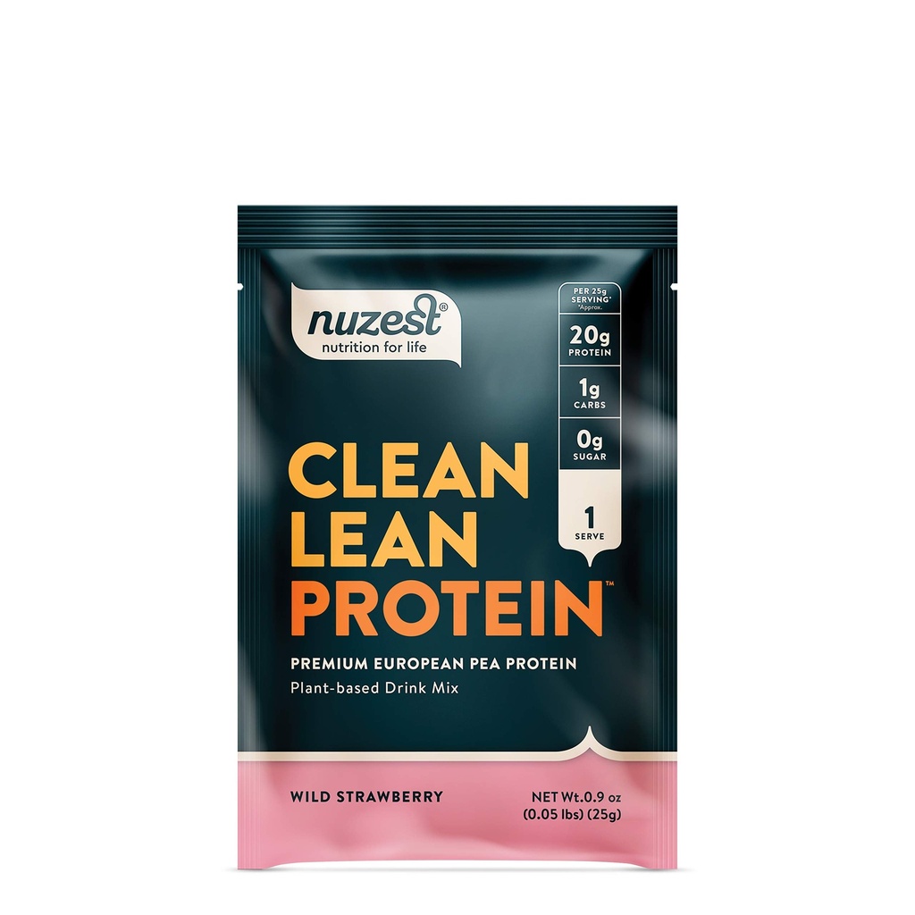 Nuzest - Pea Protein Powder - Clean Lean Protein, Premium Vegan Plant Based Protein Powder, Dairy Free, Gluten Free, GMO Free, Přirozeně slazený protein Shake, Wild Strawberry, 1 Serving, 0.9 oz
