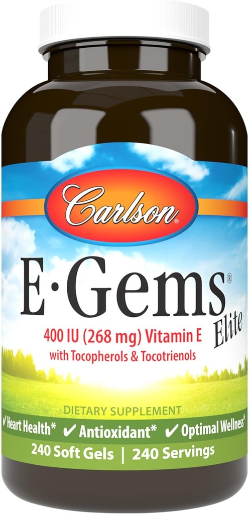 Carlson - E- Gems Elite, 400 IU vitaminu E s tokoferoly a tokotrienoly, vitamín E Kapsle, Srdce Zdraví a Optimální Wellness, Antioxidant, Vitamin E dodatek, 240 Softgels