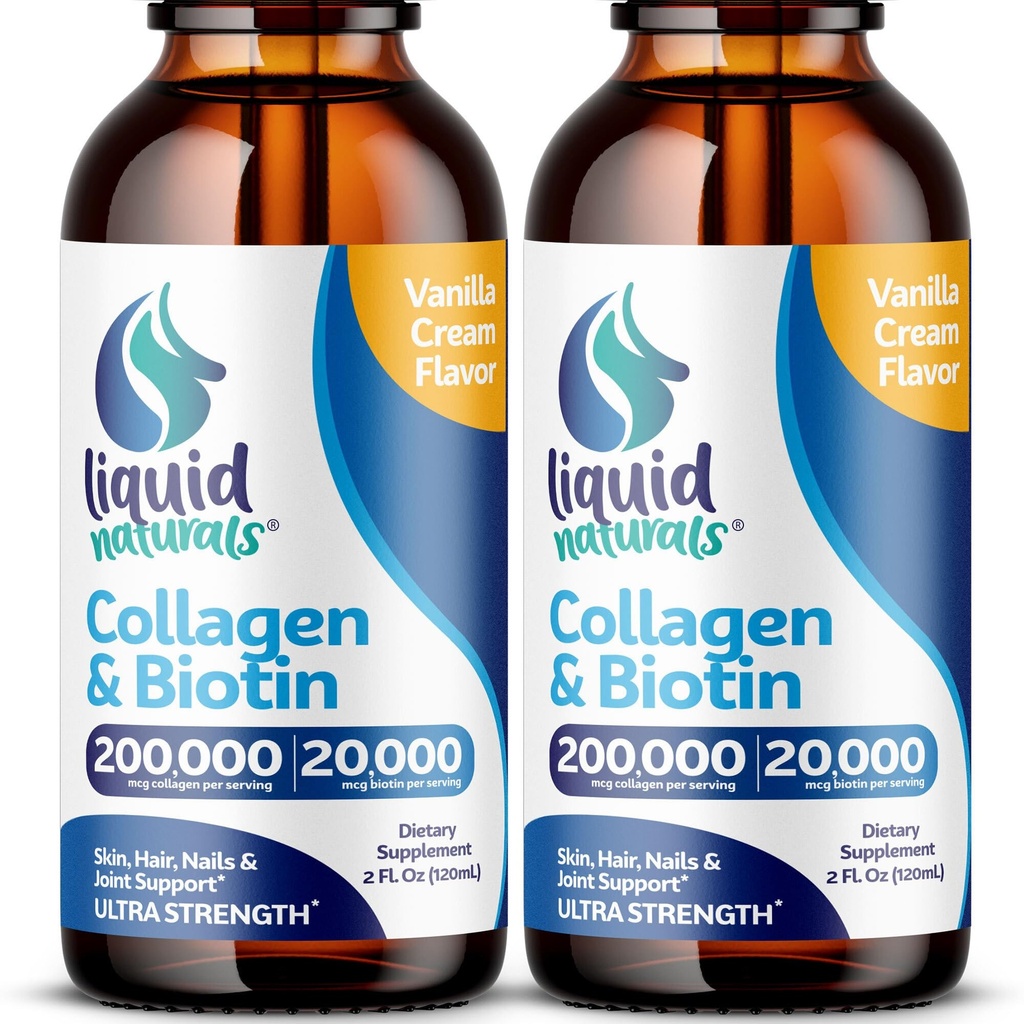 Tekutý kolagen a biotin, 2 Fl. Oz, Ultra- síla kolagen doplňky pro ženy, Keto Friendly Biotin pro růst vlasů ženy, nehty, a kůže Vitamíny B7 Collageno Peptides - Vanilla Flavor - 2 Pack