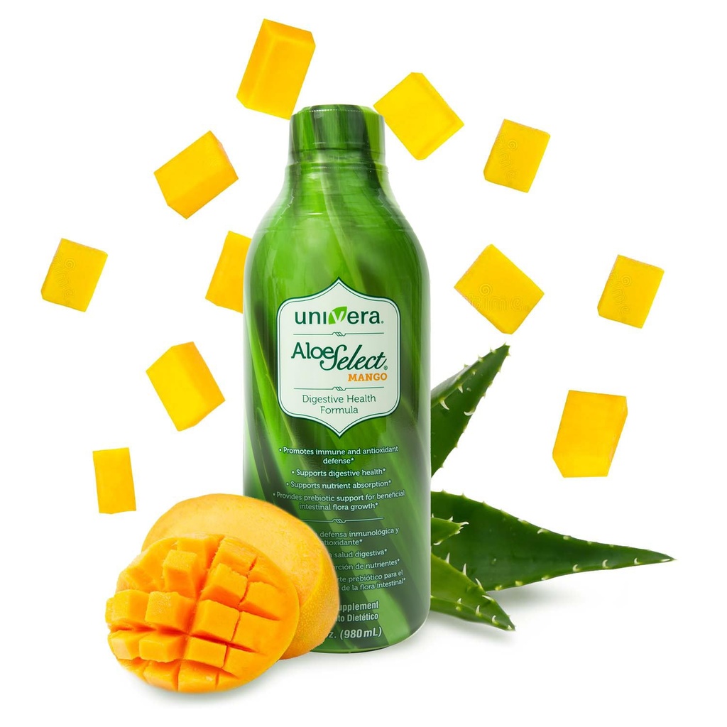 Univera Aloe Vera Juice, Preminum Organic Aloe Vera, Dědičné Enzymy pro Gut Health, Imunitní podpora, Prebiotický dodatek, Redukce, Mango Flavor, 30 Day Supply (33 fl oz)