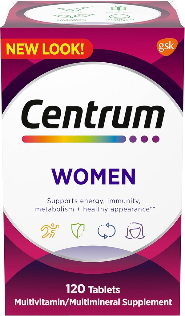 Centrum Multivitamin pro ženy, Multivitamin / víceminerální doplněk se železem, vitamin D3, B vitaminy a antioxidační vitaminy C a E, gluten zdarma, Non- GMO ingredience - 120 Počet