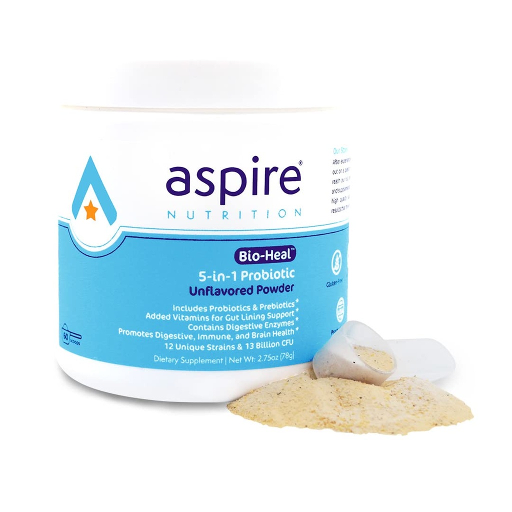 Aspire Nutrition 5-in-1 Bio-Heal ® Probiotic for Kids, Men & Women - Nejlepší doplněk pro funkci mozku, Gut Health & Concurrency - Spotřebitelné a opevněné vitamínem, minerální a prebiotika - Prášek