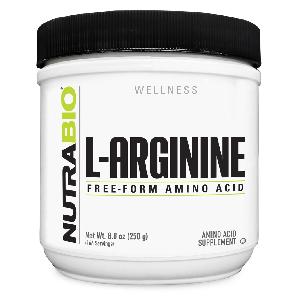 NutraBio L- Arginin dodatek, 750mg prekurzor oxidu dusnatého, podporuje krevní tok, Cévní zdraví, a růst svalů, 250g