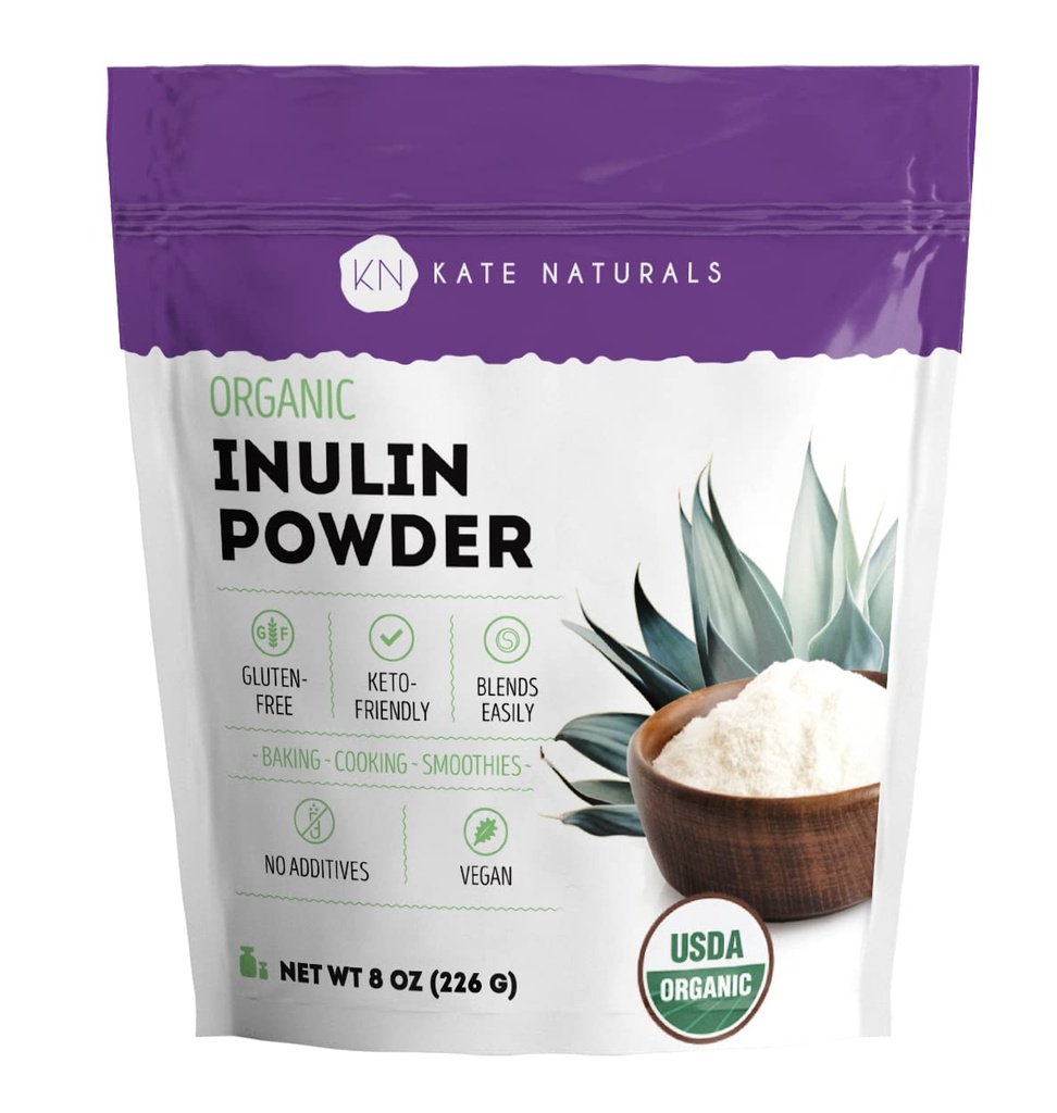 Kate Naturals Inulin Powder Organic from Blue Agave (8oz) Soluble Prebiotic Fiber for Coffee, Jogurt & Smoothies