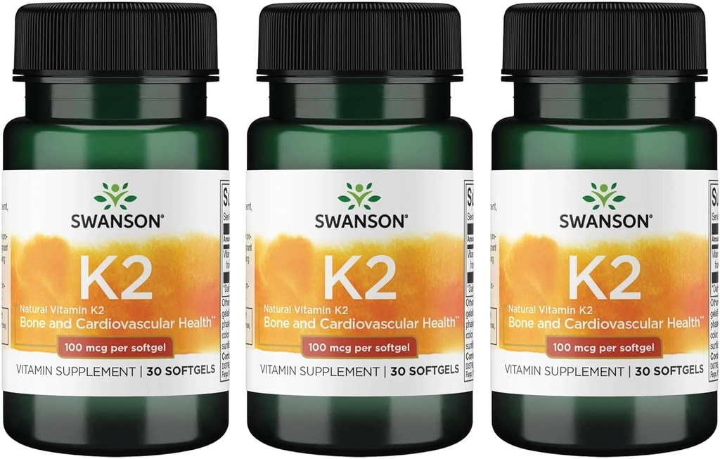 Swanson Vitamin K2 (Menaquinone- 7) - vitamin dodatek podporující kardiovaskulární a kostní zdraví - Vyrobeno z japonského Natto pomoci regulovat vápník - (30 Softgels, 100mcg každý) (3 balení)