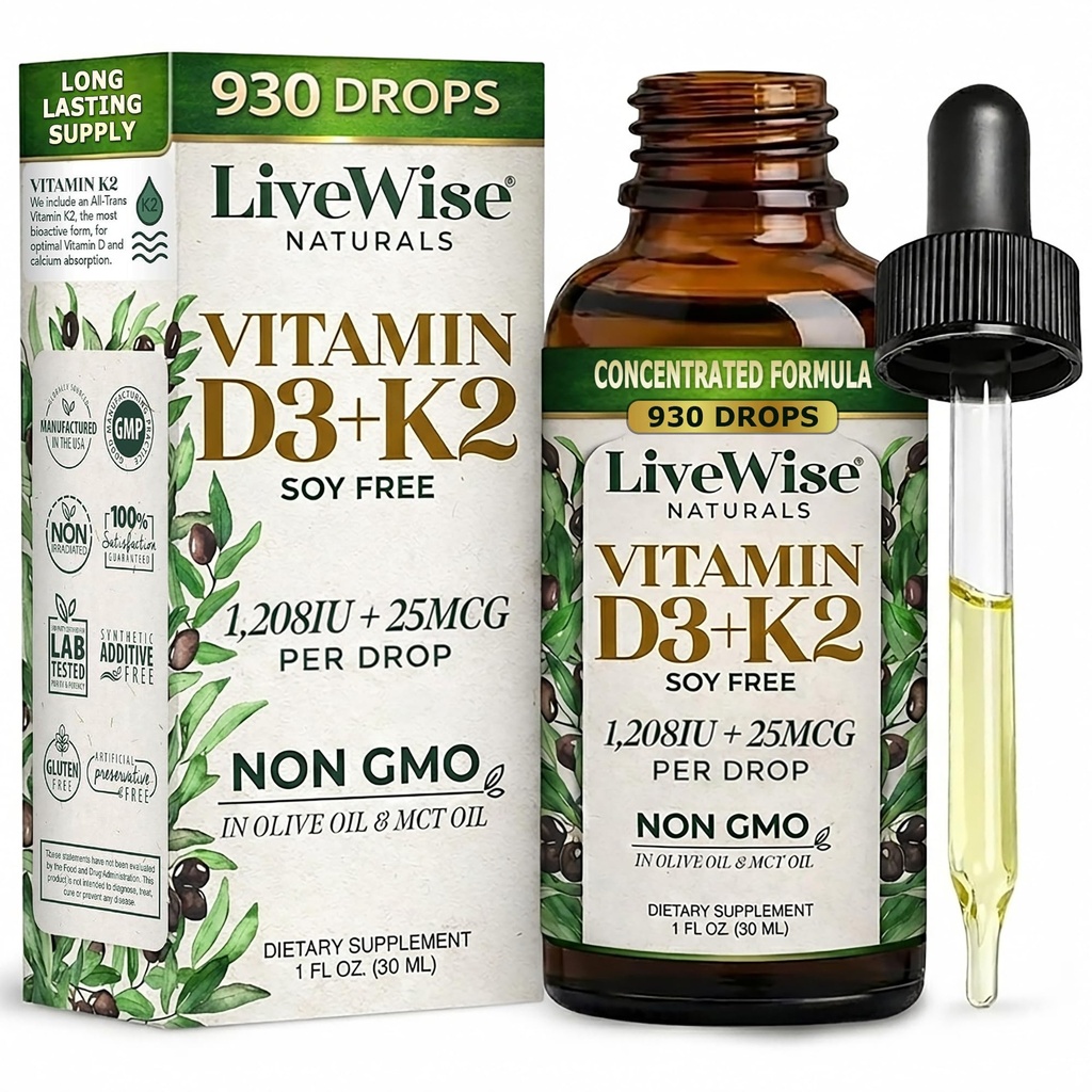Vitamin D3 s K2 kapalné kapky, Všechny přírodní, Non- GMO, 1208iu D3 a 25mcg K2 (mk7) per Serving, Podpora vašich kostí, imunitní systém a energetické hladiny, s nebo bez Peppermint Oil