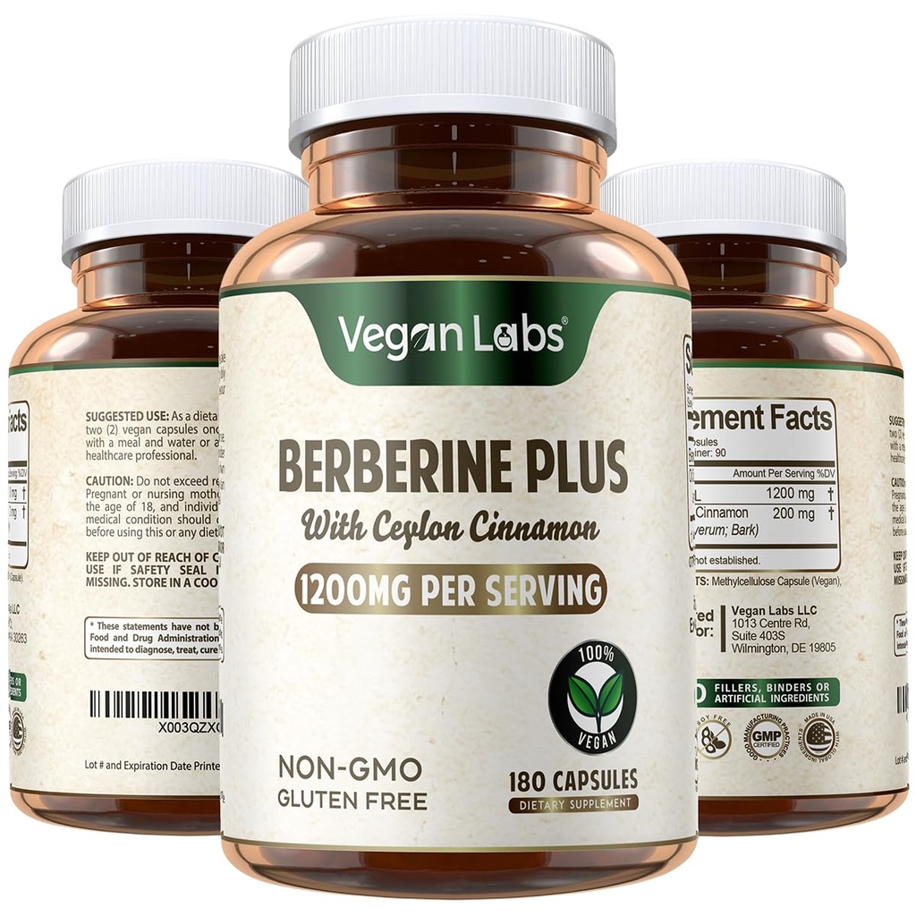 Vegan Labs Berberine HCL 1200MG s organickým Ceylon Cinnamon - 180 Vegan Capsules - Podporuje celkové zdraví a imunitní systém