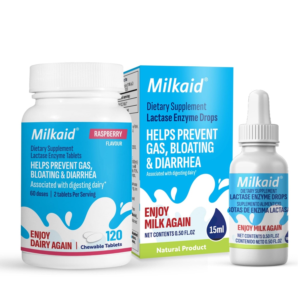 Milkaid Lactase Enzyme Drops Tablety pro intoleranci laktózy Relief CLAS124; Prevents Gas, Bloating & Diarrhea CLAS124; Dairy Digestive Supplement CLAS124; 0.5 Fl Oz & 120 Raspberry Ochucené tablety