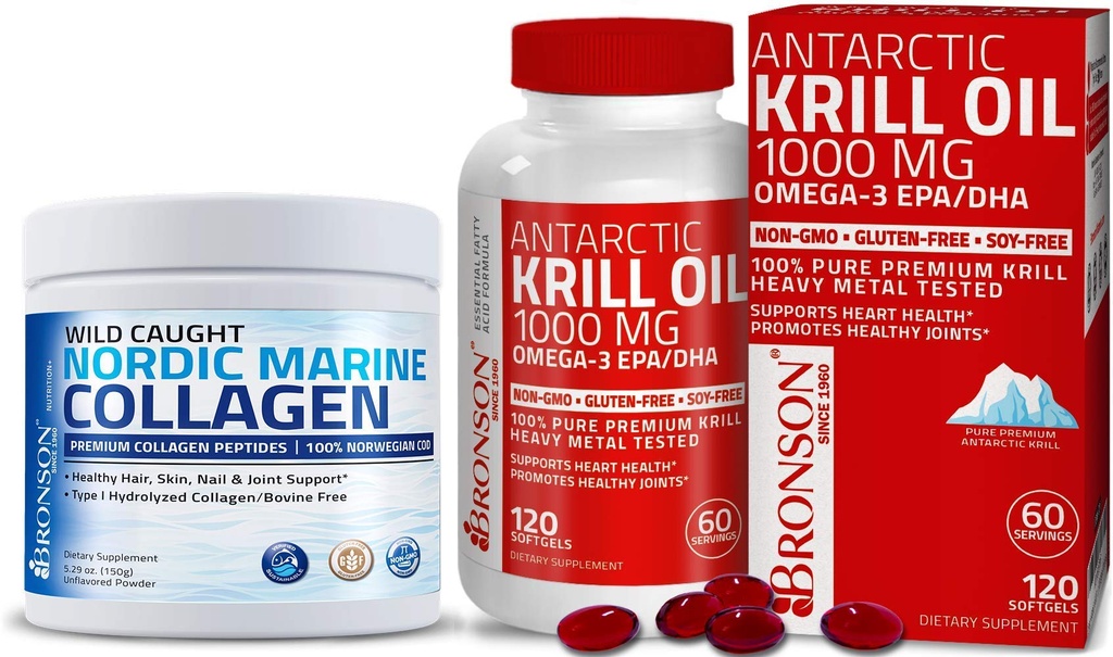Bronson Marine Colagen Peptides Hydrolyzované bílkoviny Powder + Antarktida Krill Oil 1000 mg s Omega- 3s EPA DHA