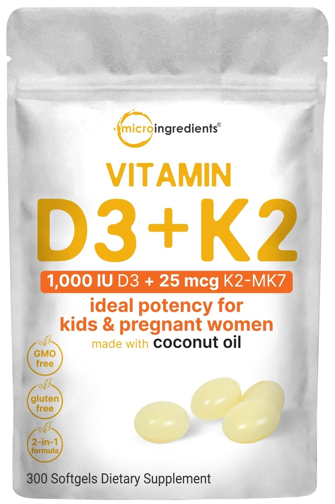 Mikro přísady Vitamin D3 1 000 IU + K2 MK- 7 25 mcg, 300 Softgels CLAS124; Virgin Coconut Oil CLAS124; 2- in-1 Bone, Imunity & Heart Support CLAS124; Easy to Swallow, Non- GMO