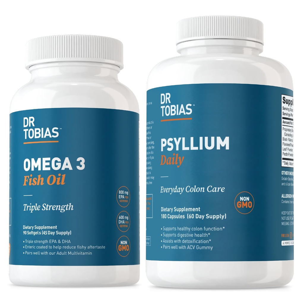 Dr. Tobias Omega 3 Rybí olej & Psylium Denní doplňky pro srdce, Brain & Imunitní podpora, Zdravé Bowel Hnutí Podpory s Psyllium Husk Kapsle