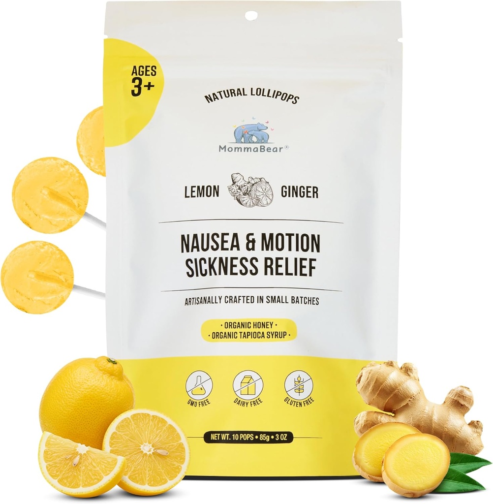 MommaBear Nausea & Motion Nemoc Lízátka - Non- GMO Lemon & Ginger Candy for Nausea - Organic Lollipops for Kids 3 + & Těhotné ženy, aby usnadnily pohodlí - Těsně těsný těsnění pro čerstvost (10 Pack)