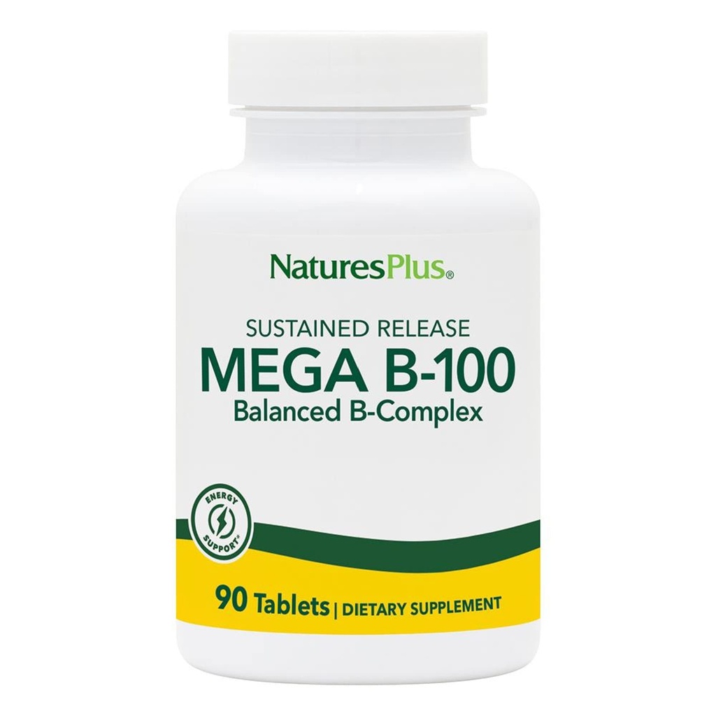 Natures Plus Mega B-100 Komplex - 90 Setrvalá verze Vegetariánské tablety - Energy & Brain Booster - Gluten Free - 90 Služeb