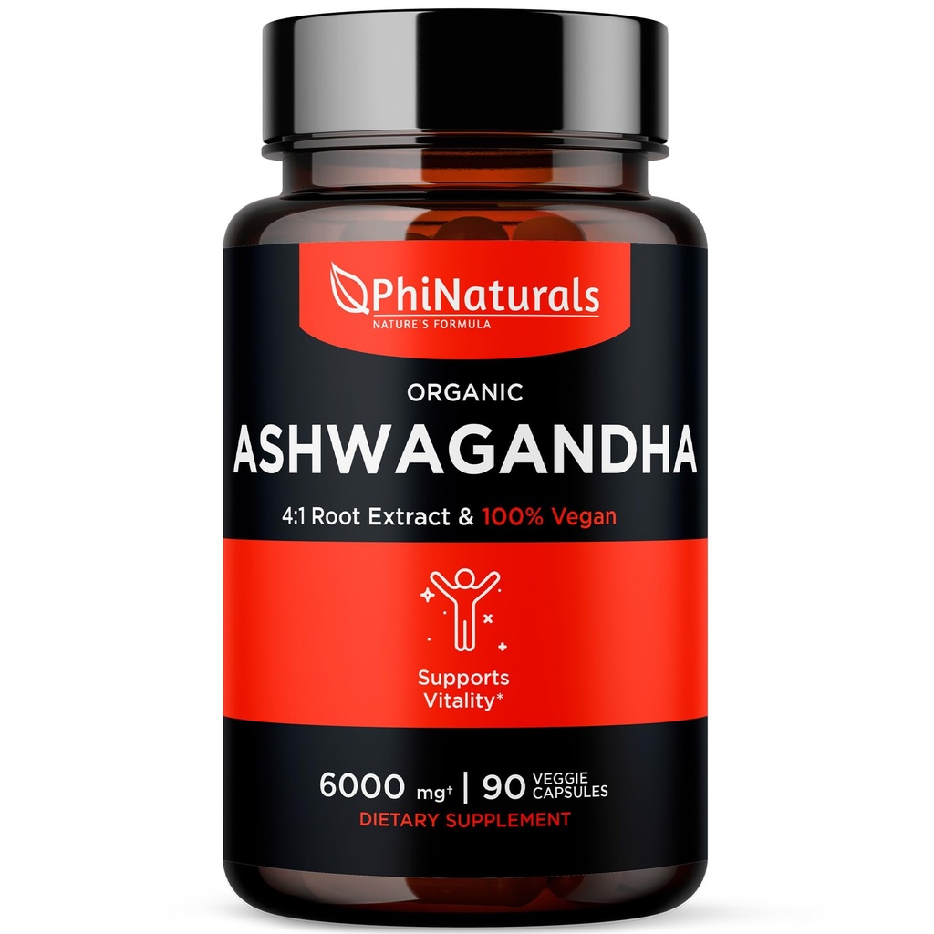 PhiNaturals Organic Ashwagandha Root Extract in Vegan Capsules Equal to 6000 Mg Root - Ashwaganda dodatek pro muže a ženy s 1500 Mg per Serving 30 Serving - 500mg per Vegan Capsule 90 Počet