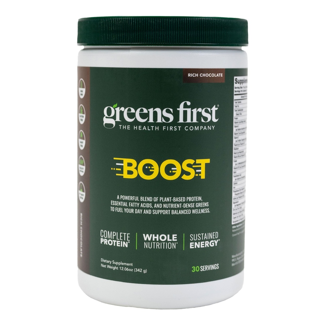 Zelenina První Boost - Plant- based Protein & Balanced Nutrition - Superfood Shake Mix - No Wheat or Soy - Dairy- Free - Vegan - Holandská čokoláda, 12.28 oz.