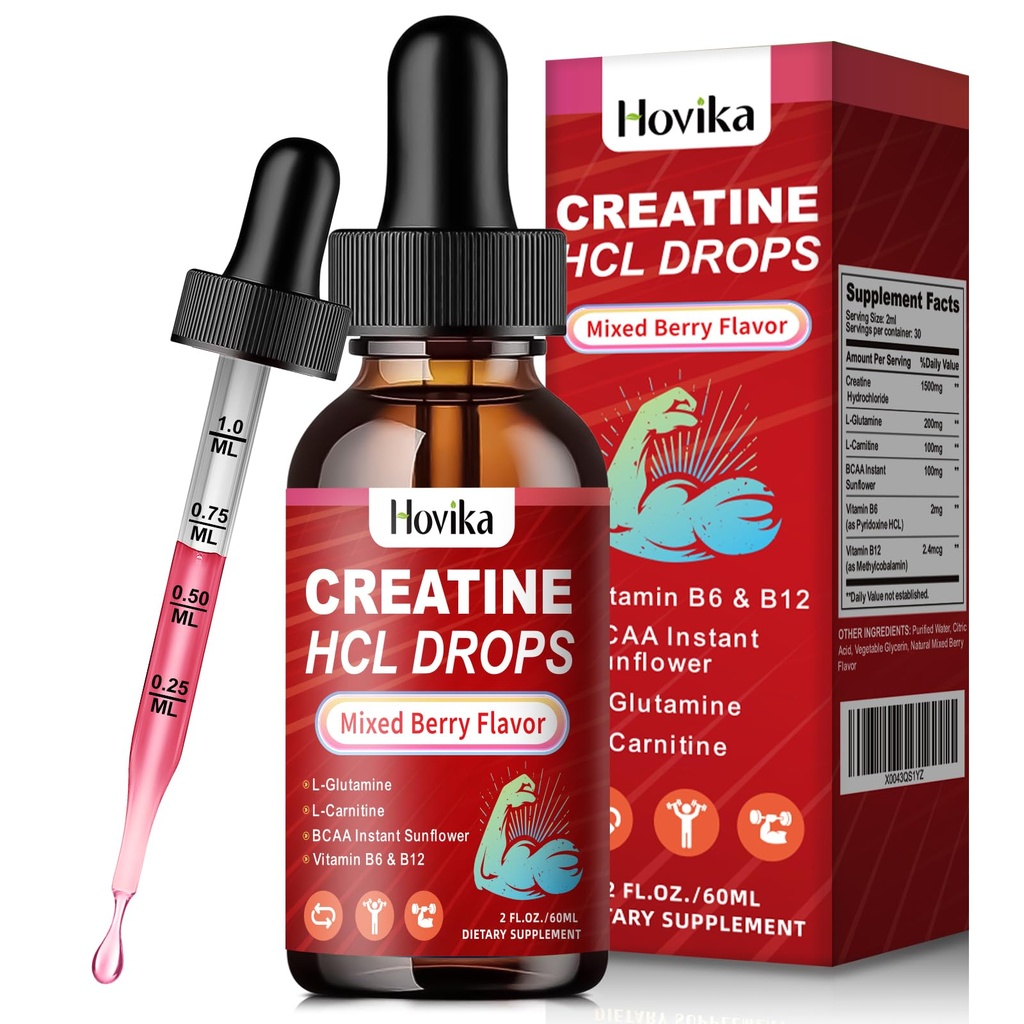 Kreatin HCL Kapky pro muže a ženy, Kreatin Hydrochlorid s L- karnitin, L- glutamin, BCAA, Vitamin B12 & B6 pro růst svalů a recovery- Vegan, Smíšené Berry Flavor Flavor, 2 Fl Oz