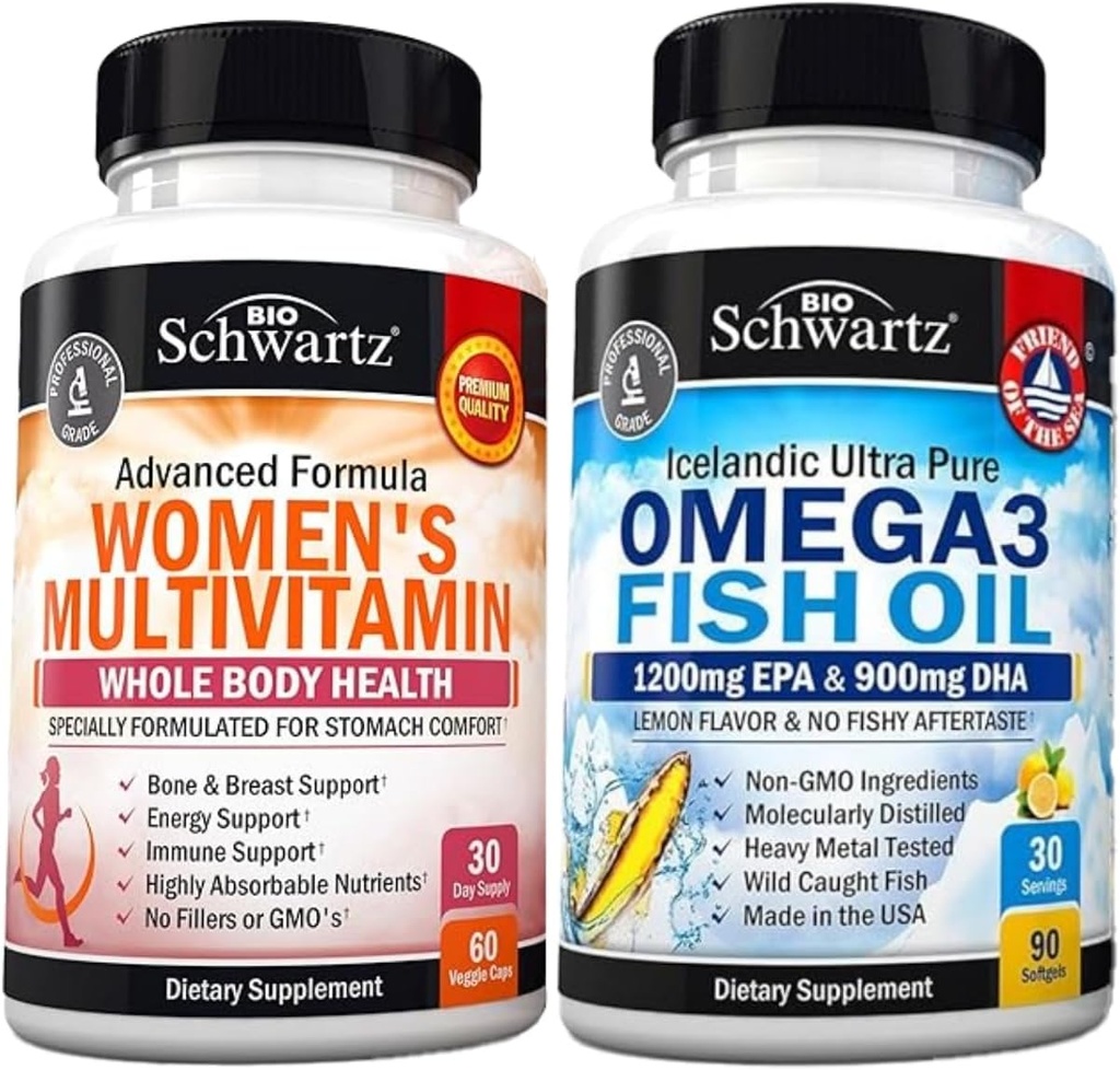 Denní multivitamin pro ženy Kapsle (1 měsíční zásoba) Plus trojitá síla Omega 3 Fish Oil Softgels (1 měsíční zásoba)