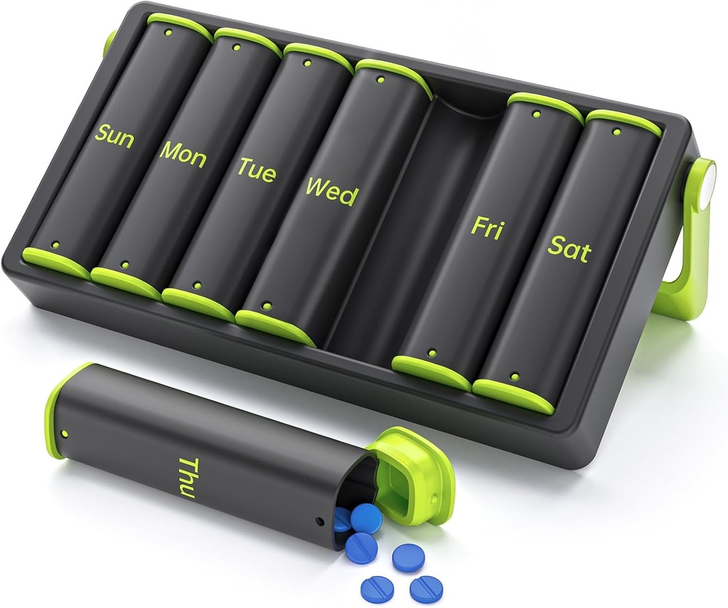 Týdenní Pill Organizátor 2 krát denně, KOVIUU Velké cestovní Pill Box 7 Day, Am Pm Dvakrát denně Pill Pouzdro s rotabilní násadou, Držák pilulek Kontejner pro vitamín, medicína, dodatek, rybí olej, zelená