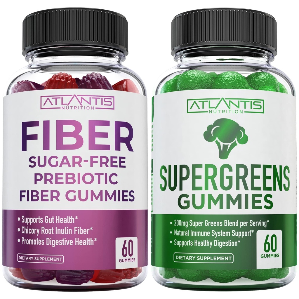 Atlantis Nutrition Sugar Free Prebiotic Fiber Gummies pro dospělé 2- Pack (120 Gummies) + Supergreens 60 Gummies