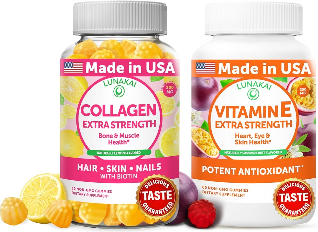 Lunakai kolagen a vitamín E Gummies Bundle - Non- GMO proti stárnutí doplňky pro muže a ženy - Přírodní žvejka s vitaminem C & 250 mg přírodní VIT E