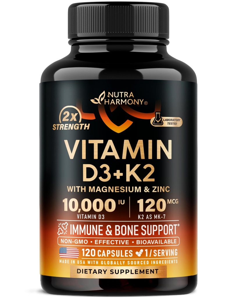 Vitamin D3 K2 - Vitamin D3 10000 iu & K2 jako MK-7 120 mcg - Imunitní a náladová podpora, pro zdraví kostí a zubů - s hořčík, zinek a vitamin C & B12 - Vysoce biologicky dostupné - Made in USA, 120 Kapsle
