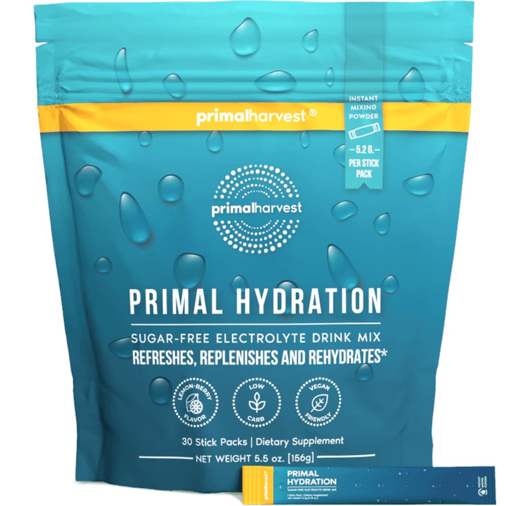Primal Harvest Electrolytes Powder Packets Primal Hydration, Easy Open Packets, Energy Drink Mix (Lemon Berry, 30 Balení) (1 taška)