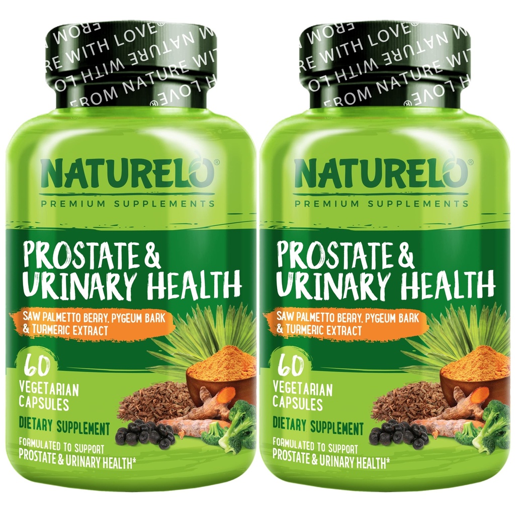 NATURELO Prostate & Urinary Health, Komplexní vzorec s pilou Palmetto, Pygeum, Tumeric, rostlinné steroly, brokolice a lykopenu, 60 Vegetariánských kapslí (Balení po 2)