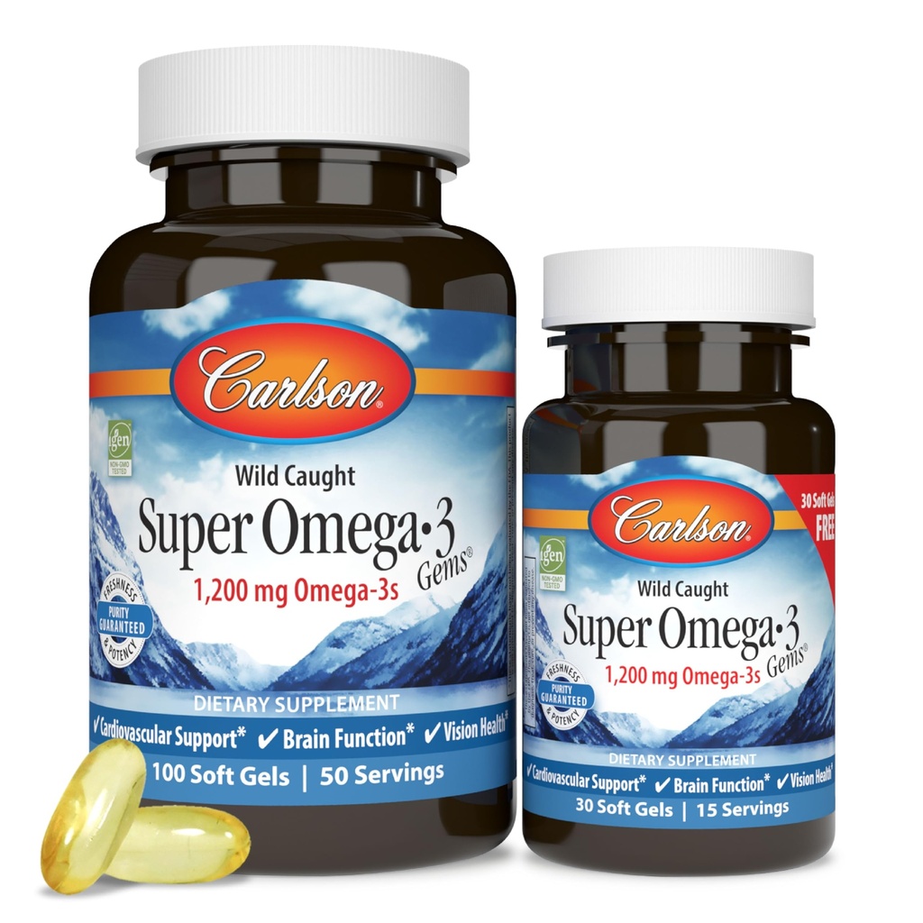 Carlson - Super Omega33 drahokamy, 1200 mg Omega33 mastné kyseliny s EPA a DHA, Wild- Capped Norský dodatek, Udržitelně sourced rybí olejové kapsle, Omega 3 doplňky, 100 + 30 Softgels
