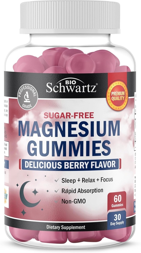 BioSchwartz Cukr bez hořčíku gumy (30 Služeb) Berry ochucený hořčík Citrát dodatek podporuje zdravé nervy svalů energie klid mood a spánek (Vegan Safe, non GMO, 60 Gummies)