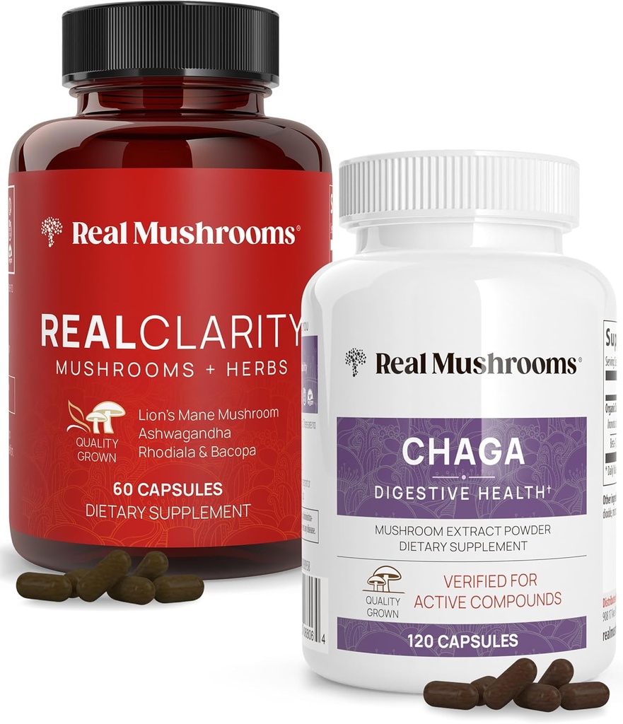 Real Houby RealClarity (60ct) a Chaga (120ct) Kapsle Bundle - Houbový dodatek pro duševní jasnost, zaměření, stravovací zdraví a imunitní podpora - Vegan, Non- GMO, Ověřené úrovně Beta- Glucans
