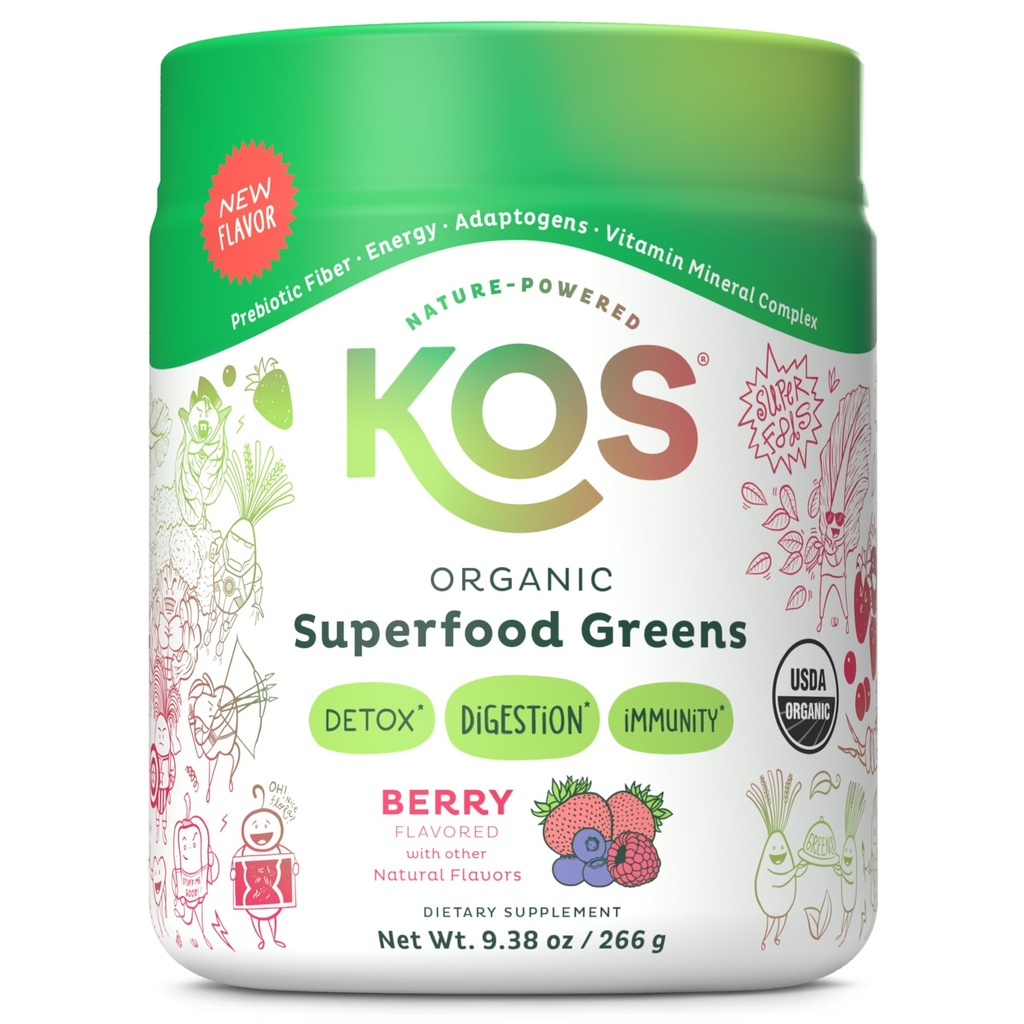 Kos Organic Superfood Green Powder - Gut Health from Prebiotic Fiber, Supergreens and Adaptogens - USDA Certified Organic, Made in a GMP Certified Facility - 28 Servings Berry